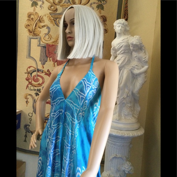 Bohemian Tie Dye Maxi Dress, Halter Backless, Asymmetrical Swim Cover Up Turq OS - Picture 7 of 16